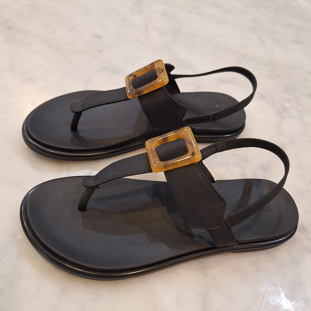 OluKai La'i T-bar Sandals Women 7 Black Tortoise Buckle Slingback 20510-4040 - Picture 2 of 8